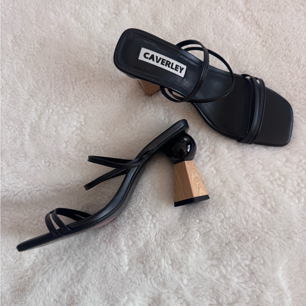 Caverley Black Strappy Heels with Artistic Wooden Heel - Picture 4 of 8